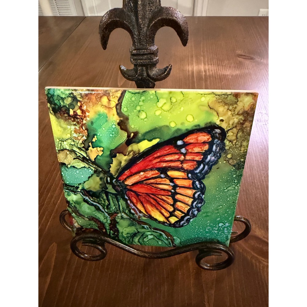 Linda Flynn Art Monarch Butterfly Alcohol Ink Ceramic Tile Hand Painted 6x6